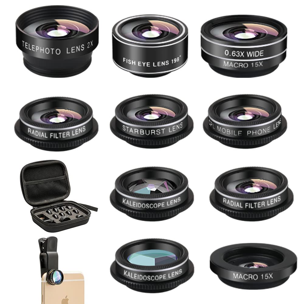 Mocalaca Phone Camera Lens (11 Lenses) Phone Lens Kit, Clip On Fisheye/Macro/Wide Angle Lens Attachment With Travel Case For Iph
