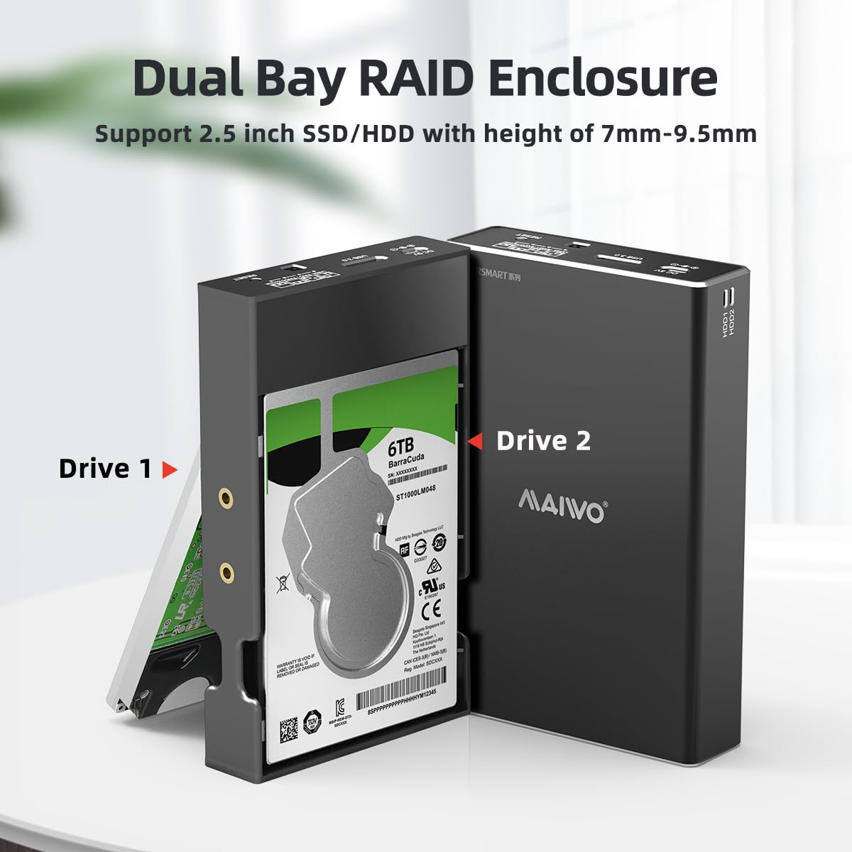 Maiwo Dual Bay Hard Drive Raid Enclosure For 2.5 Inch Sata Ssd Hdd, Raid 0/Raid 1/Jbod/Pm, Usb 3.0 6Gbps With Uasp, 16Tb Capacity, External Hdd Bay Aluminum