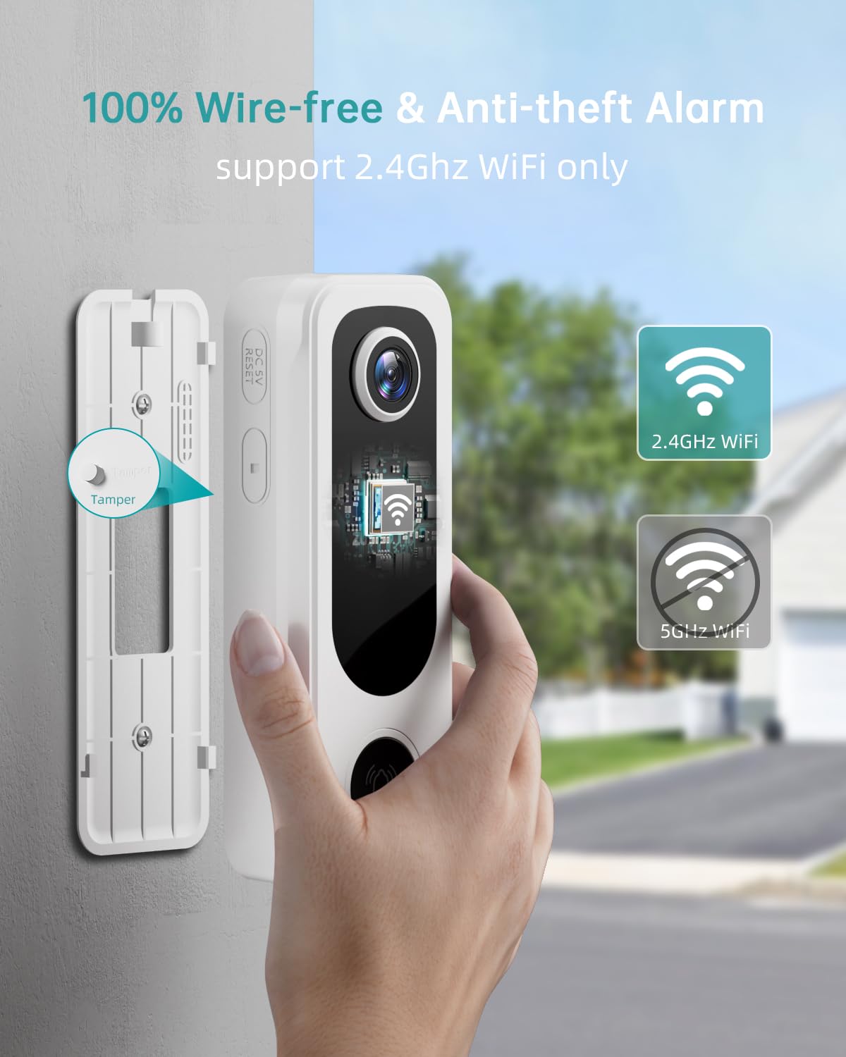 Zumimall Doorbell Camera Wireless, Video Doorbell Wireless With Chime, 2 Way Audio, Voice Changer, 30S Voice Message, Anti Theft, Ai Detection, 2.4Ghz Wifi, Battery Powered, Work With Alexa, White