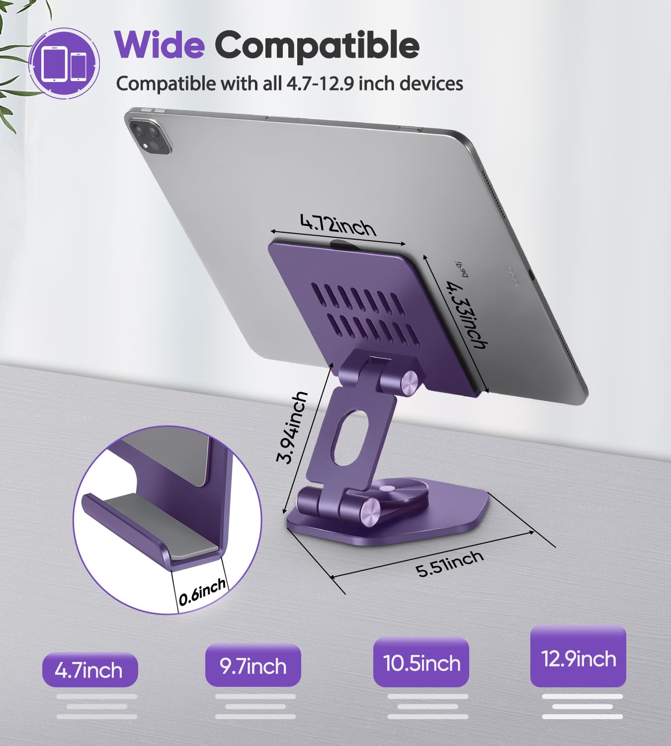 Sojuner Tablet Stand Holder For Desk, Swivel Ipad Stand With 360 Rotating Base, Aluminum Foldable Desktop Stand Holder Compatibl