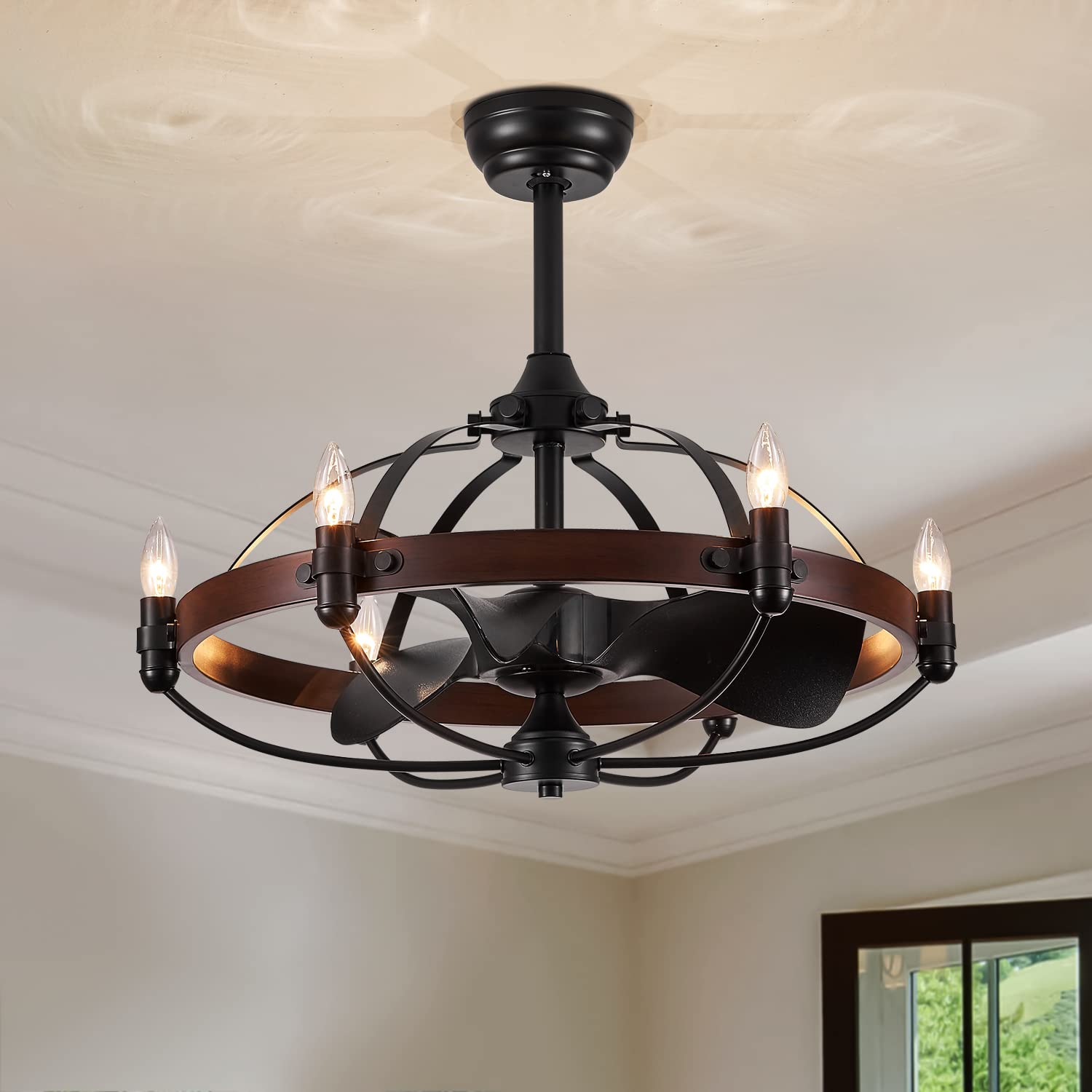 MOOONICHE 27-Inch Brown Walnut Farmhouse Style Chandelier Ceiling Fan with Light and Remote Control, Bladeless Motor for Bedroom