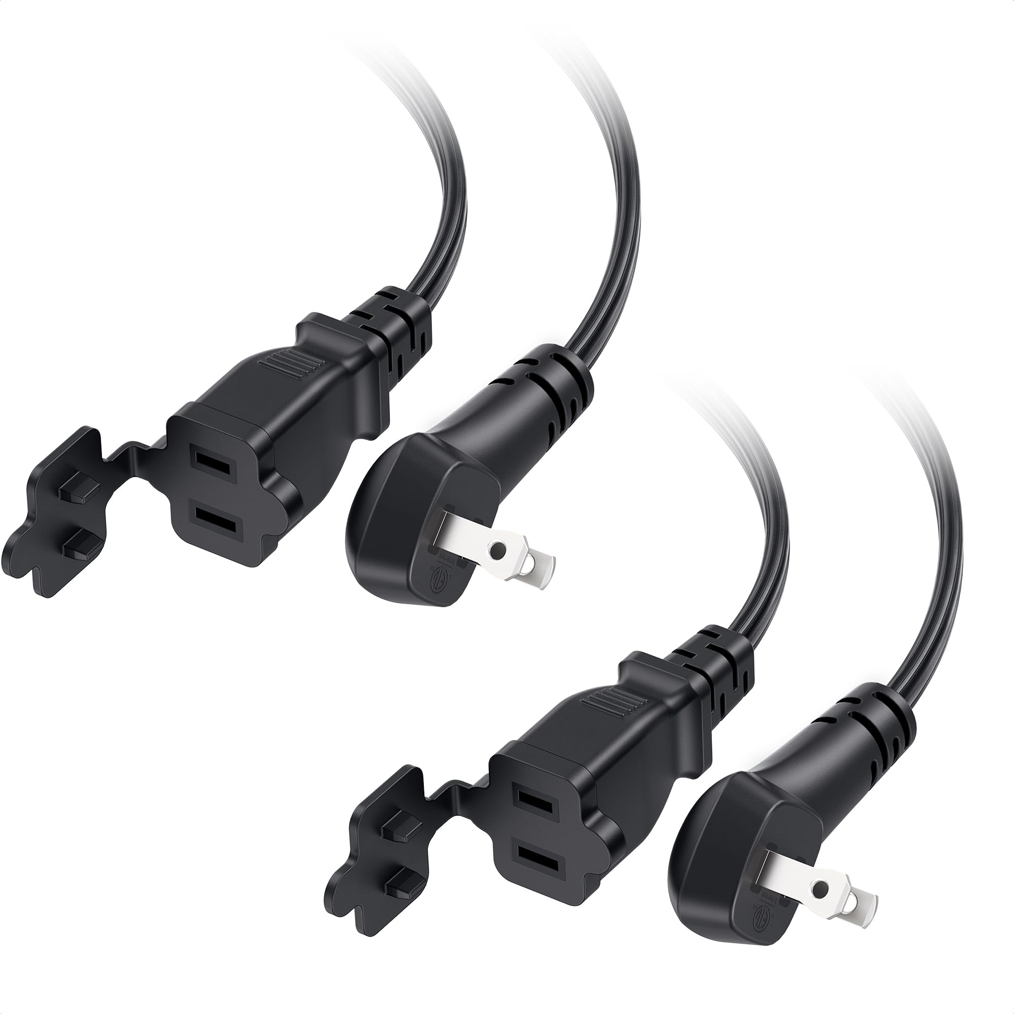 [Etl Listed] Cable Matters 2 Pack 13A, 2 Prong Long Extension Cord 10Ft In Black With Flat, Low Profile Plug, 16 Awg, 1625W, Ext