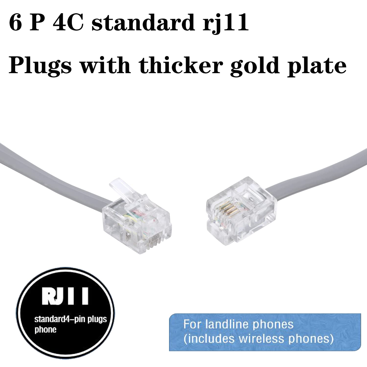 Telephone Landline Extension Cord Cable Cord With Standard Rj 11 6P4C Plug (3Ft 3Pack, Silver)