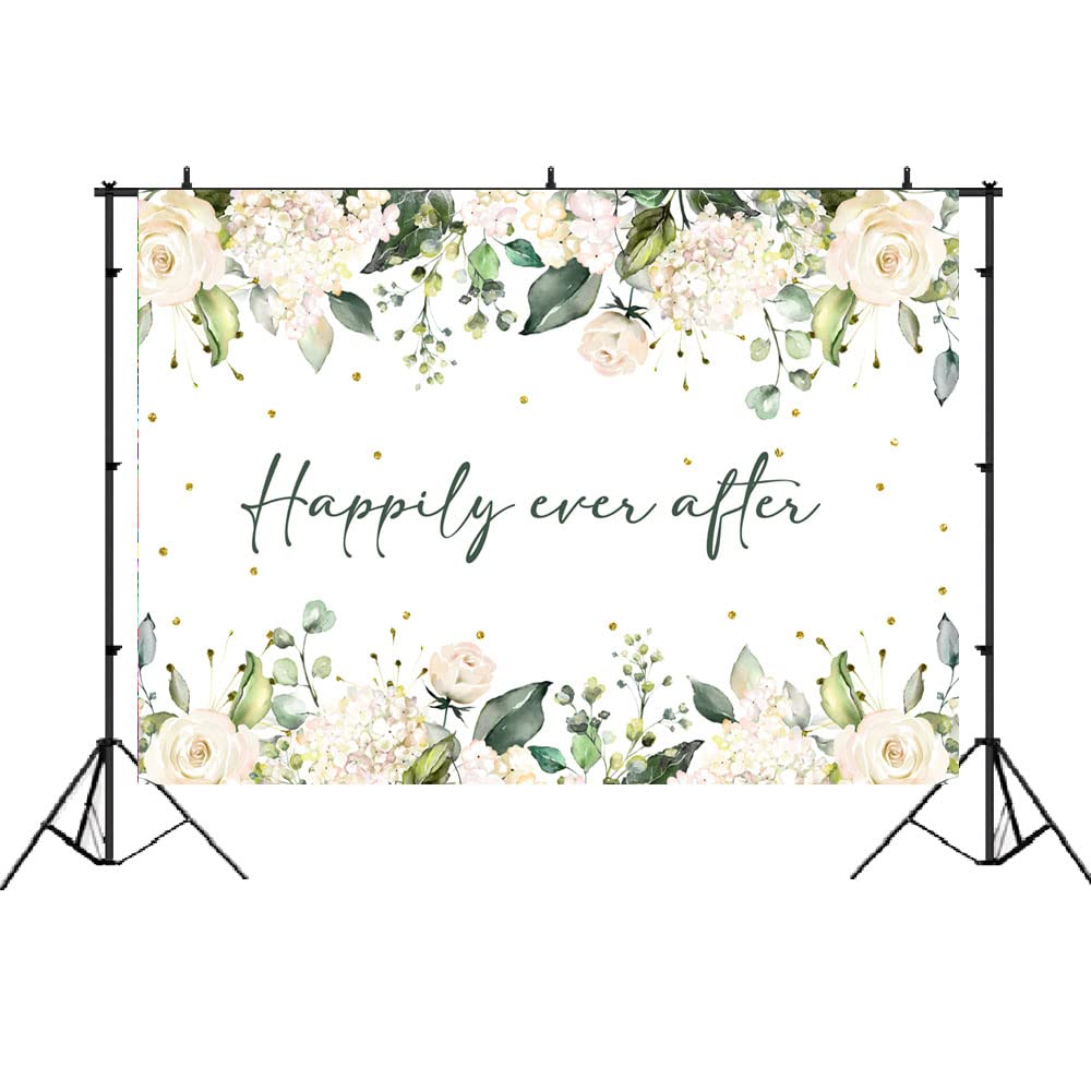 Lofaris Happily Ever After Backdrop For Wedding White Floral Green Leaves Gold Dots Photography Background Bridal Shower Wedding