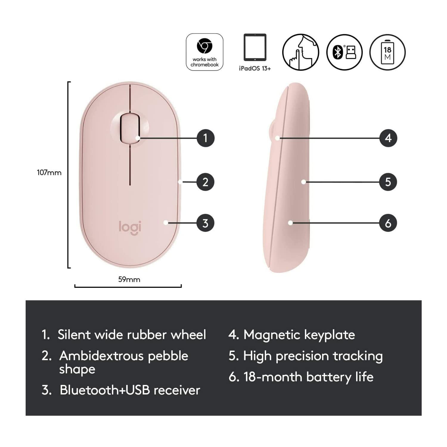 Logitech Pebble M350 Wireless Mouse With Bluetooth Or Usb   Silent Slim Computer Mouse With Quiet Click For Ipad Laptop Notebook