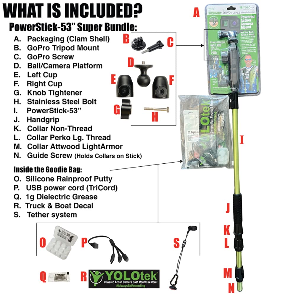 Yolotek Powerstick 53'' Superbundle Gopro Boat Mount & Constant Power Veteran Owned. Go Pro Camera Bass Boat Accessories. Gopro