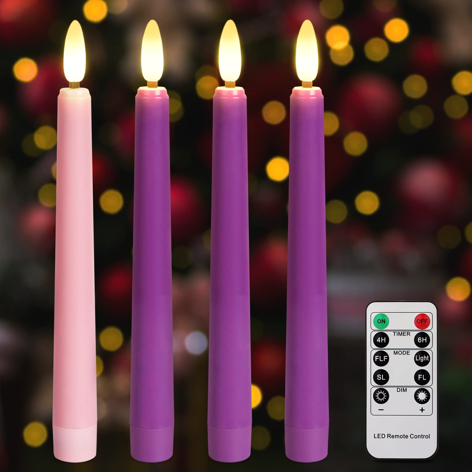 Daord 7.9'' Advent Taper Candles Set Of 4 Christmas Led Flameless Long Candle 3 Purple And 1 Pink For Advent Rituals Festival An