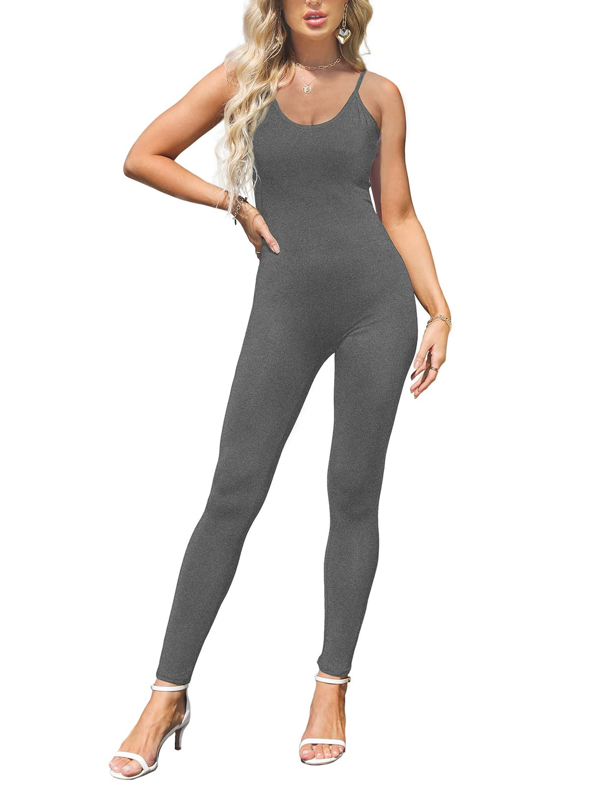 Amilia Womens Spaghetti Strap Bodycon Tank One Piece Jumpsuits Rompers Playsuit (M, Dark Grey Flecked)