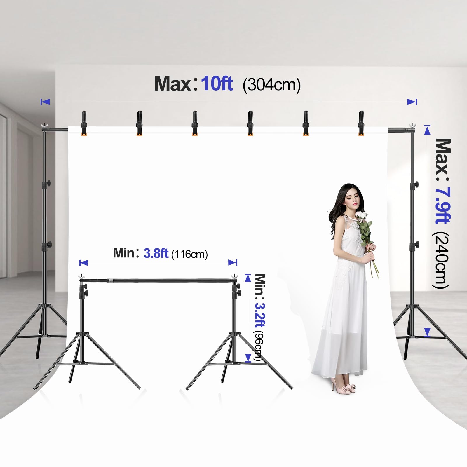 Emart 7.9X10Ft Backdrop Stand, Photo Video Studio Adjustable Heavy Duty Background Support System Kit For Photography Parties We