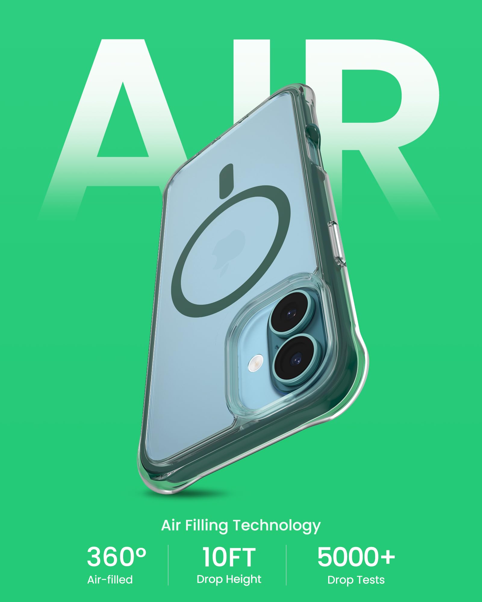 Ornarto Air Case For Iphone 16 Plus Clear, Compatible With Magsafe, Military Grade Drop Protection Cover With Built In Air Green