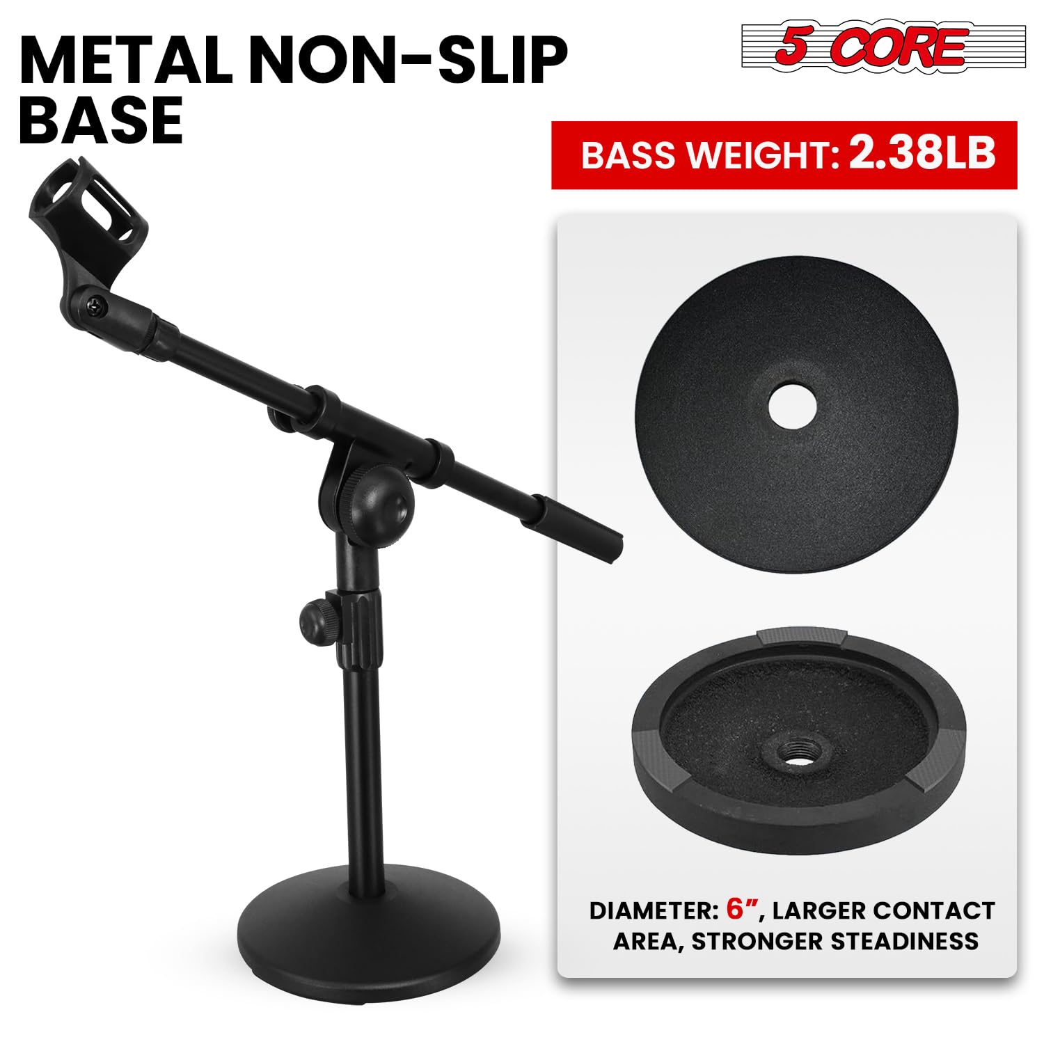 5Core Mic Stand Desk Adjustable Extendable Boom Arm Table Microphone Holder W Round Base Anti Slip Pad + Mic Clip + 3/8 & 5/8