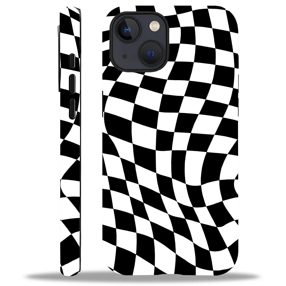 WANKBLC Compatible with iPhone 15 Plus Matte Case, Twisted Black White Checkered Pattern for Girl Full Body Design Soft Silicone