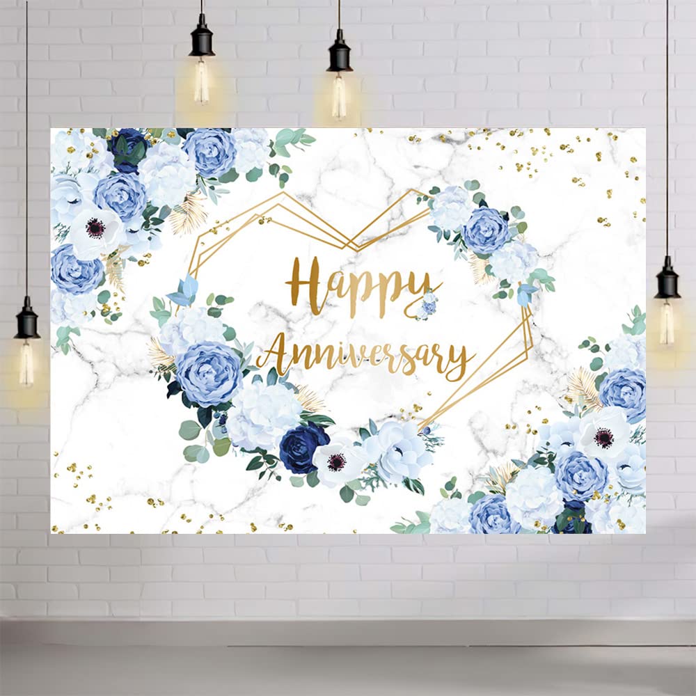Mehofond 7X5Ft Happy Anniversary Backdrop Blue And White Floral Wedding Anniversary Photography Background Hearts Geometric Coup