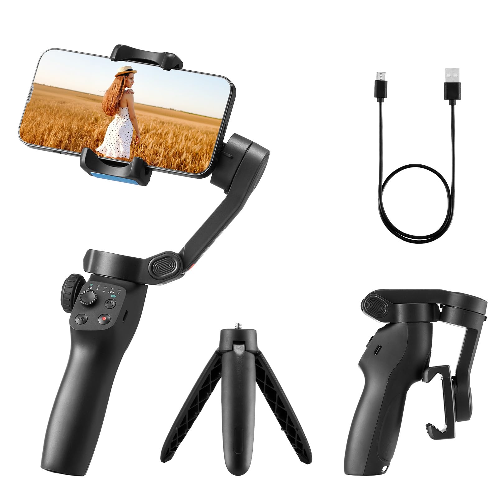 VEVOR Gimbal Stabilizer for Smartphone, 3-Axis Stabilization, Phone Gimbal for Android & iPhone with Face/Object Tracking, Tripo