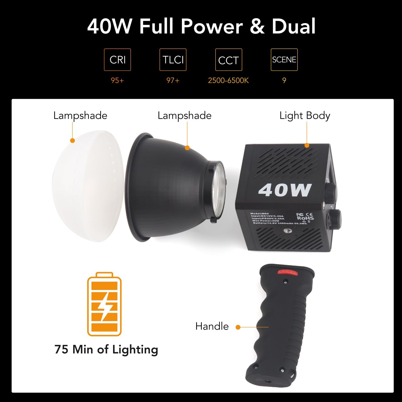 M60 Handle Led Video Light Mini Cob Led Protable Bi Color Cct 2500 8500K Cri=95 Tlci=97 Built In 3400Mah Battery With Diffuser P