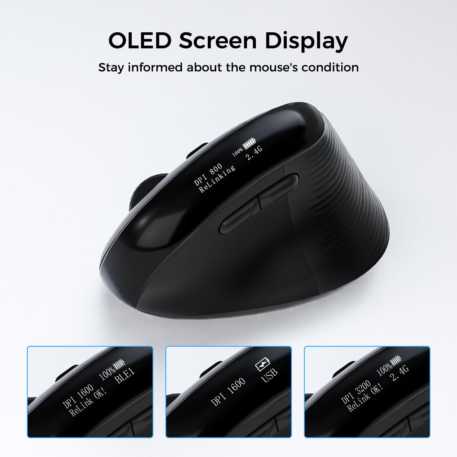 Kysona Ergonomic Mouse With Oled Screen, Rechargeable Vertical Ergo Wireless Mice, Quiet Click, Bluetooth & 2.4G, 5 Adijustable