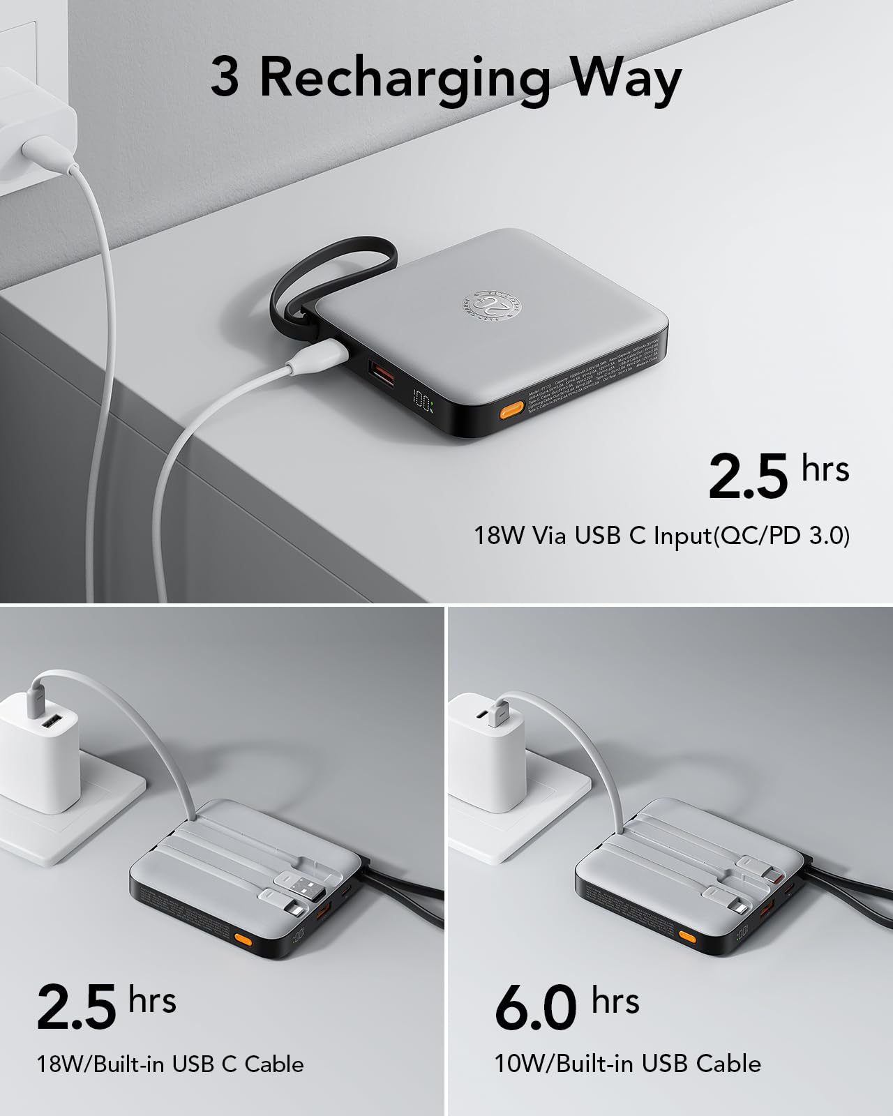 VRURC 10000mAh Portable Phone Charger with 4 Built-in Cables, USB C Fast Charging, PD 20W Mini Battery Pack for iPhone & Samsung - Gray