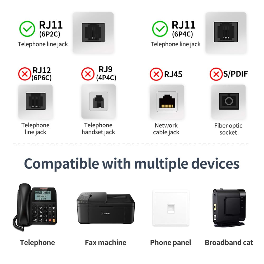 Xanham Phone Cable 1 Foot Short Telephone Line Cord With Rj11 6P4C Connectors For Landline Phone, Fax Machine And Modem, For Bot