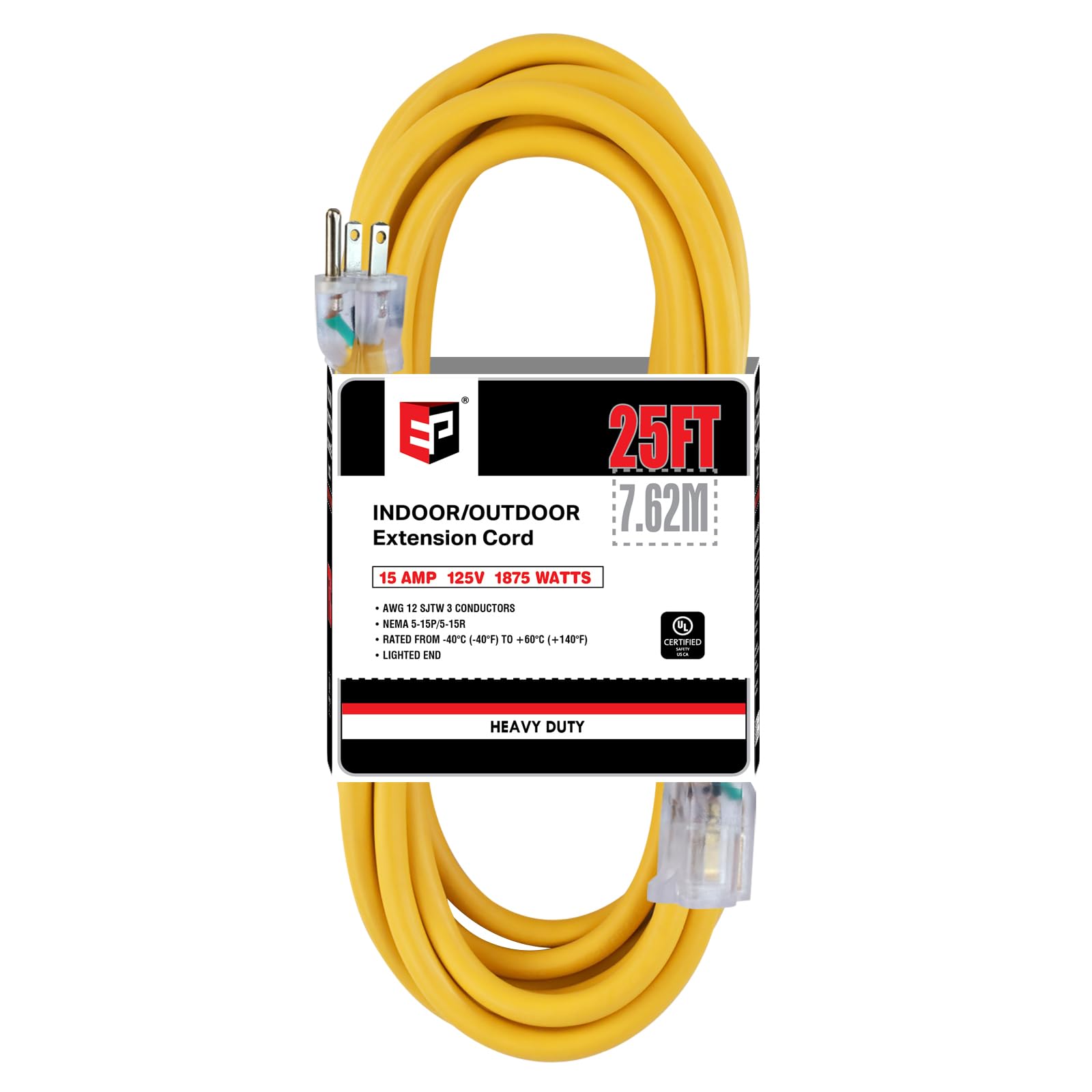 Ep 25 Ft Lighted Outdoor Extension Cord   12/3 Sjtw Heavy Duty Yellow Extension Cable With 3 Prong Grounded Plug   15Amp Power C