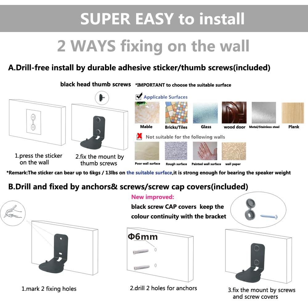 Emaquin Wall Mounts Brackets For Sonos Roam 2/Sonos Roam/Sonos Roam Sl(Include 2 Pcs,Drill Free,Sturdy Metal,Enduring Paint Fini