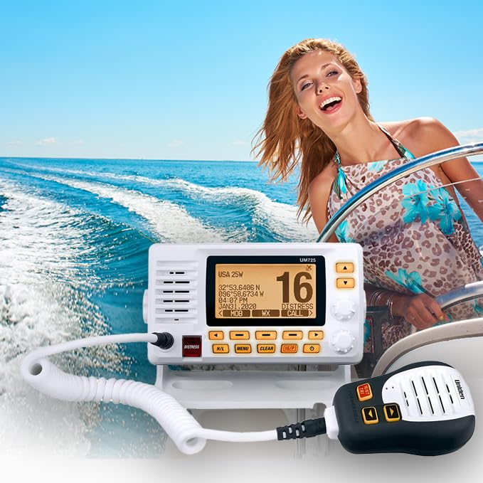Uniden Um725 Marine Vhf Radio, All Usa, Canada, And Int'L. Marine Channels, 1Watt/25Watt Transmit Power, Largest Lcd Screen In C,WBEEAB0B5FHBW86