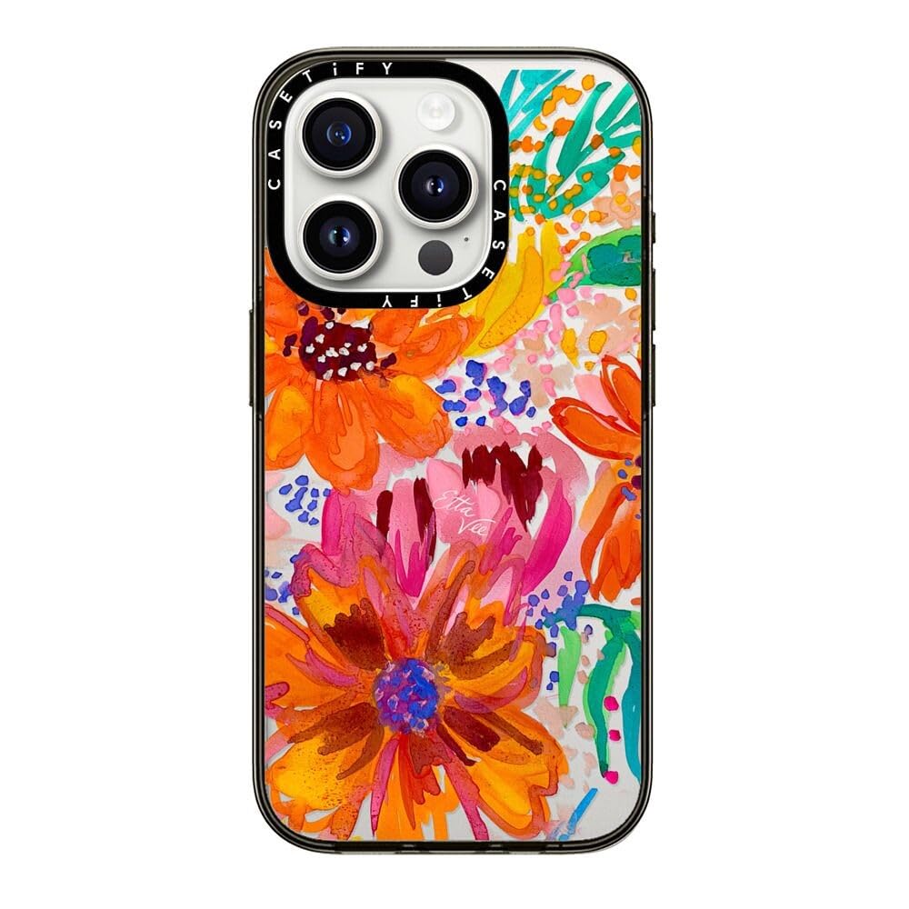 Casetify Compact Iphone 15 Pro Case [2X Military Grade Drop Tested / 4Ft Drop Protection]   Ettavee Watercolor Fleurs   Clear Bl