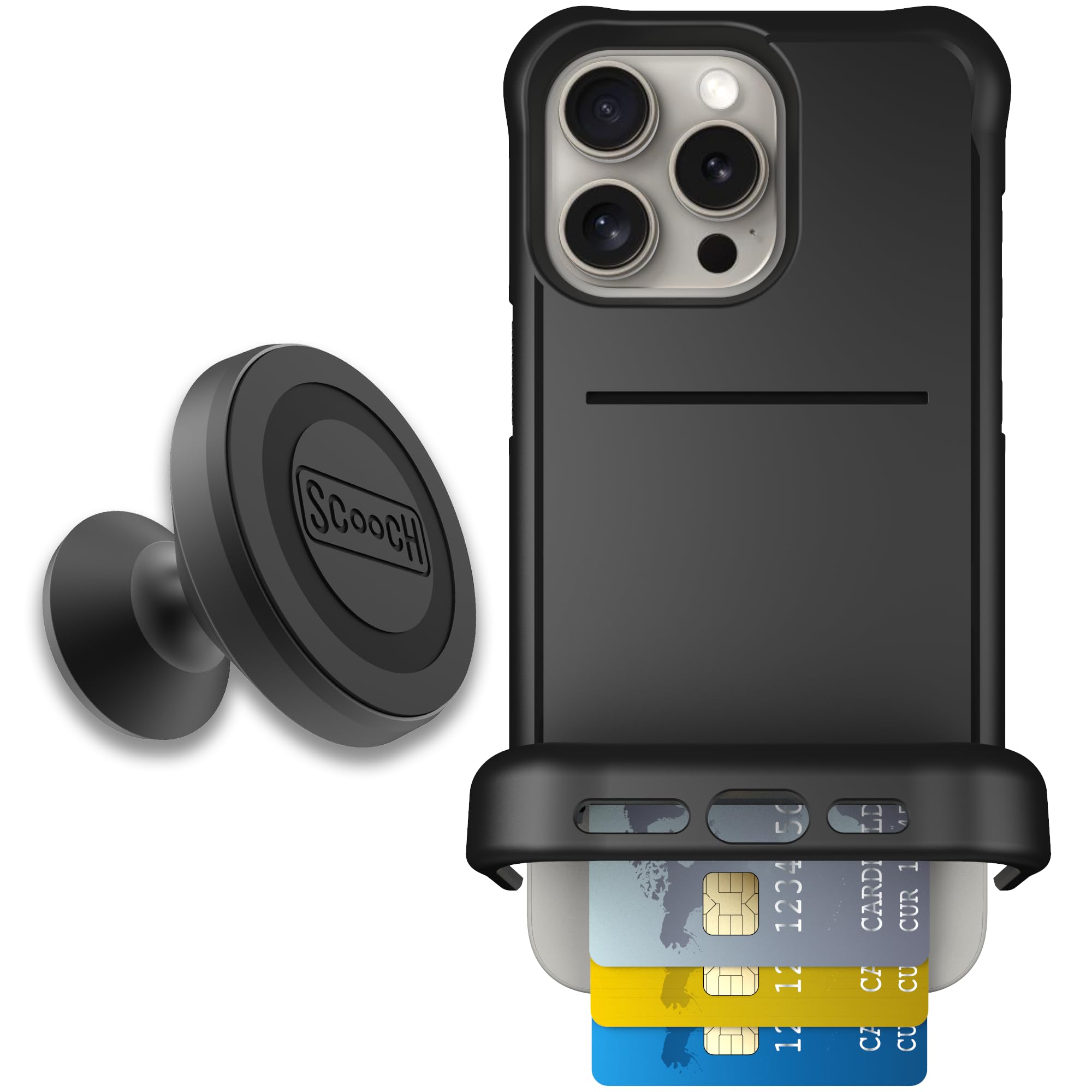 Scooch for iPhone 15 Pro Max Case with Card Holder, Wingmate Wallet Case Black, Bundled with Wingmount Magnetic Car Mount