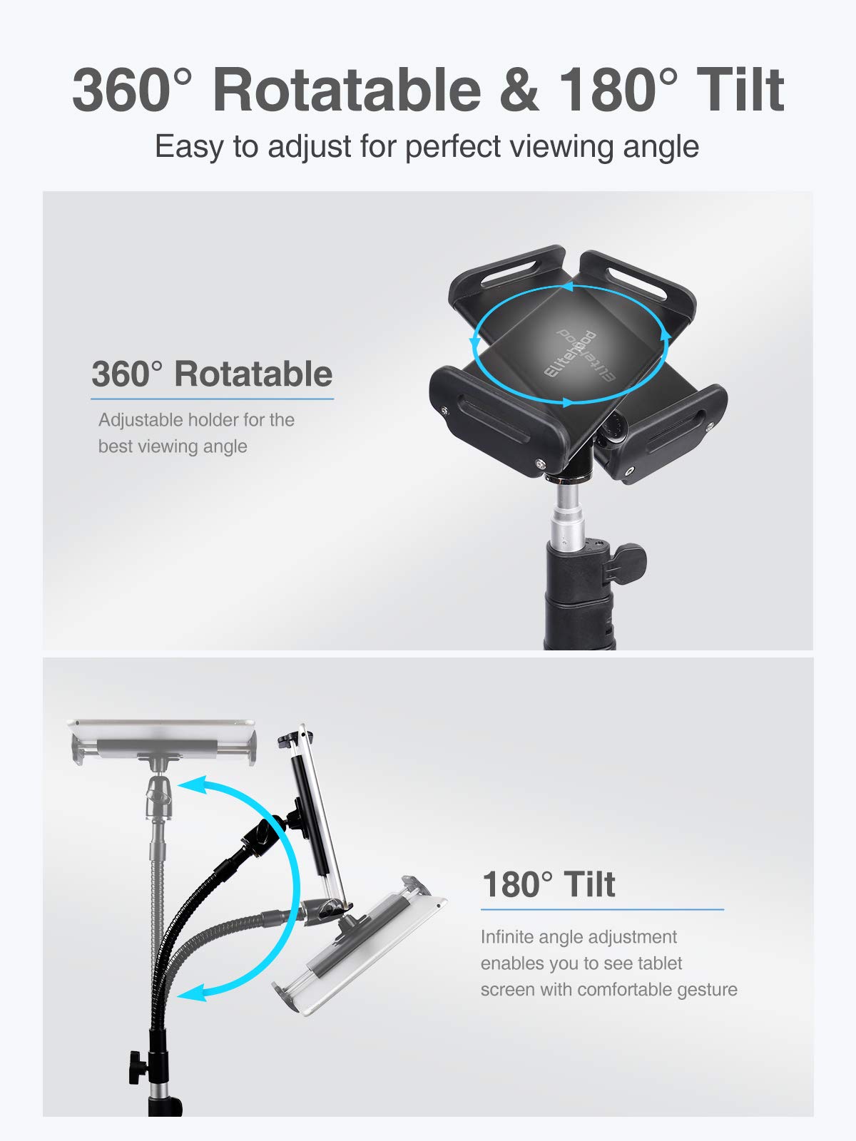 Elitehood Metal Ipad Tripod Stand & Adjustable 72�� Gooseneck Tablet Floor Stand Holder, Heavy Duty Aluminum Ipad Floor Stand For Ipad Pro 12.9 11, Mini, Air, Iphone And 4.7 12.9' Tablets Cell Phones