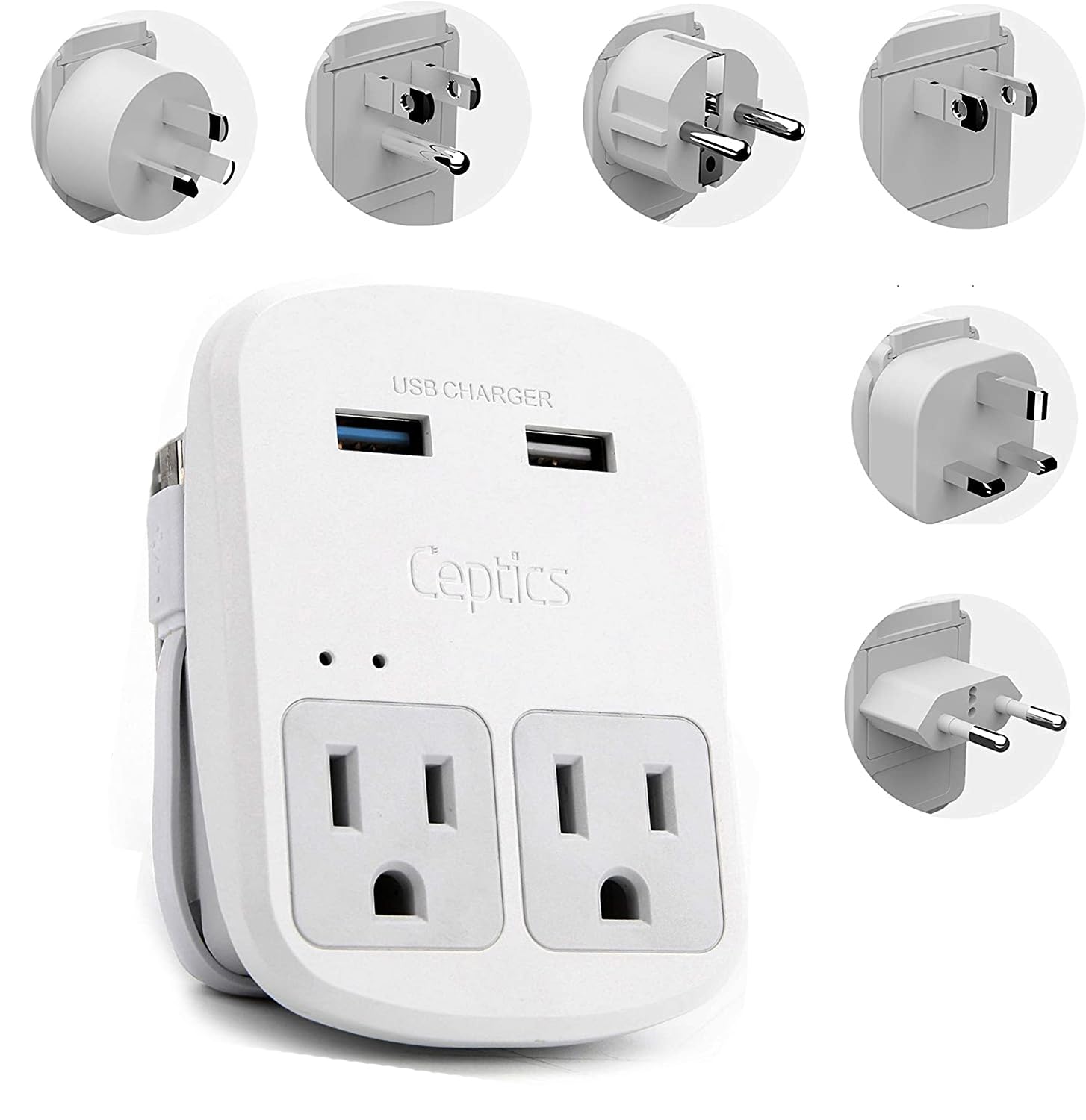 Ceptics Safest Travel Adapter Kit, Dual Usb For Iphone, Chargers, Cell Phones, Laptop Perfect For Travelers   3.6A With Qc. 3.0 Charge Faster