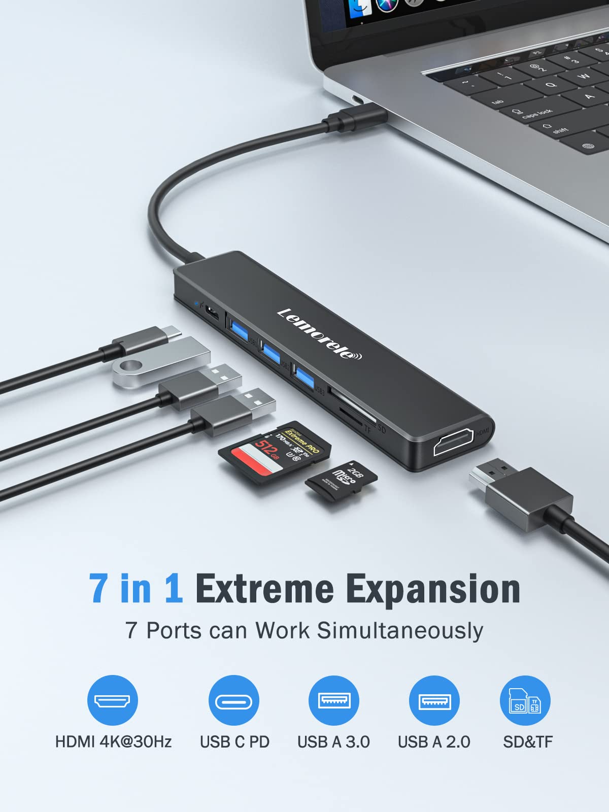 Lemorele Usb C Hub, Type C Hub Adapter 7 In 1 With Hdmi 4K@30Hz, 100W Pd Charging, 1 Usb3.0 5Gbps Data Port, 2 Usb 2.0, Sd/Tf, U