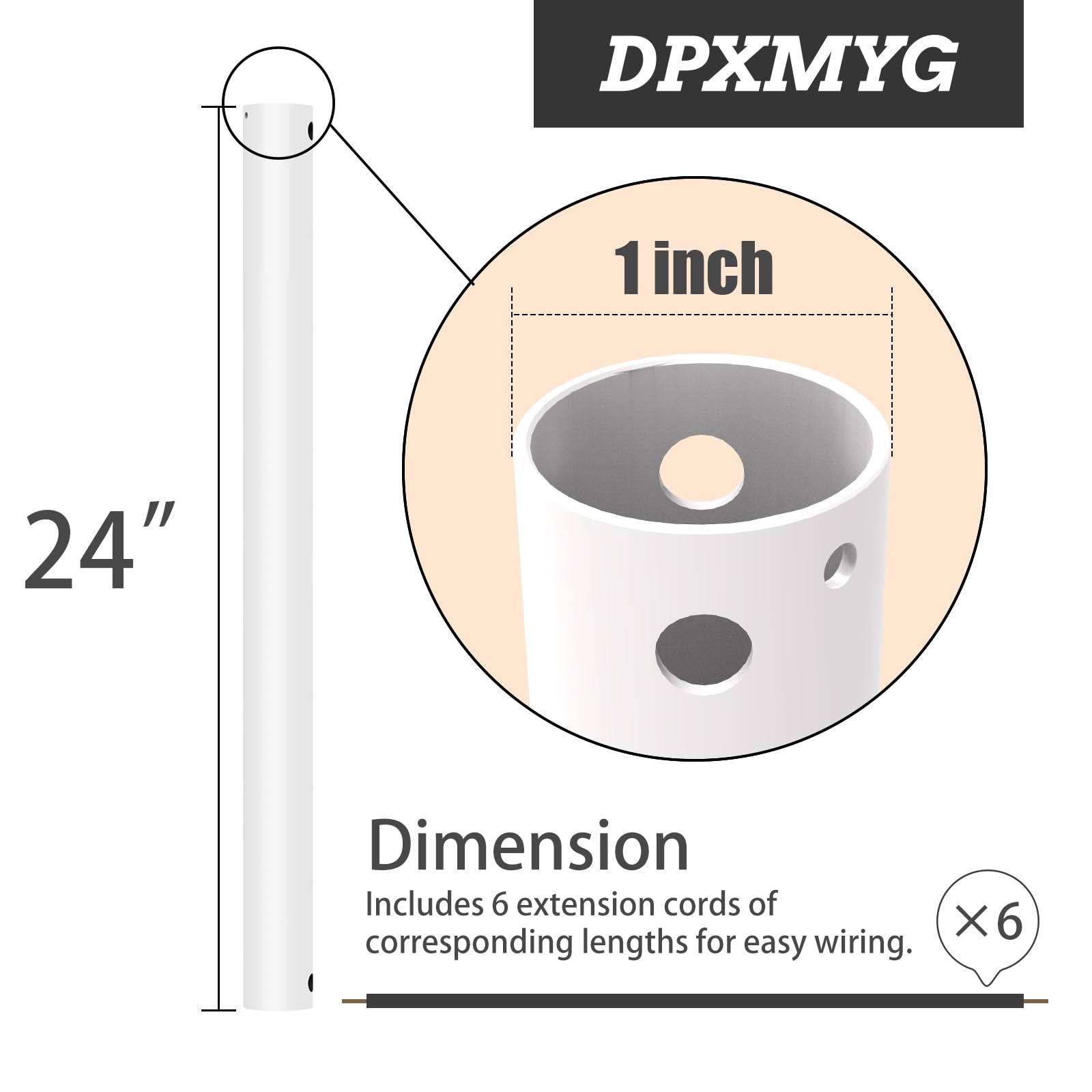 Dpxmyg 24 Inch Ceiling Fan Downrod With Extension Cord, 2 Ft White Downrod For Ceiling Fan, 1 Inch Outside Diameter, Ceiling Fan