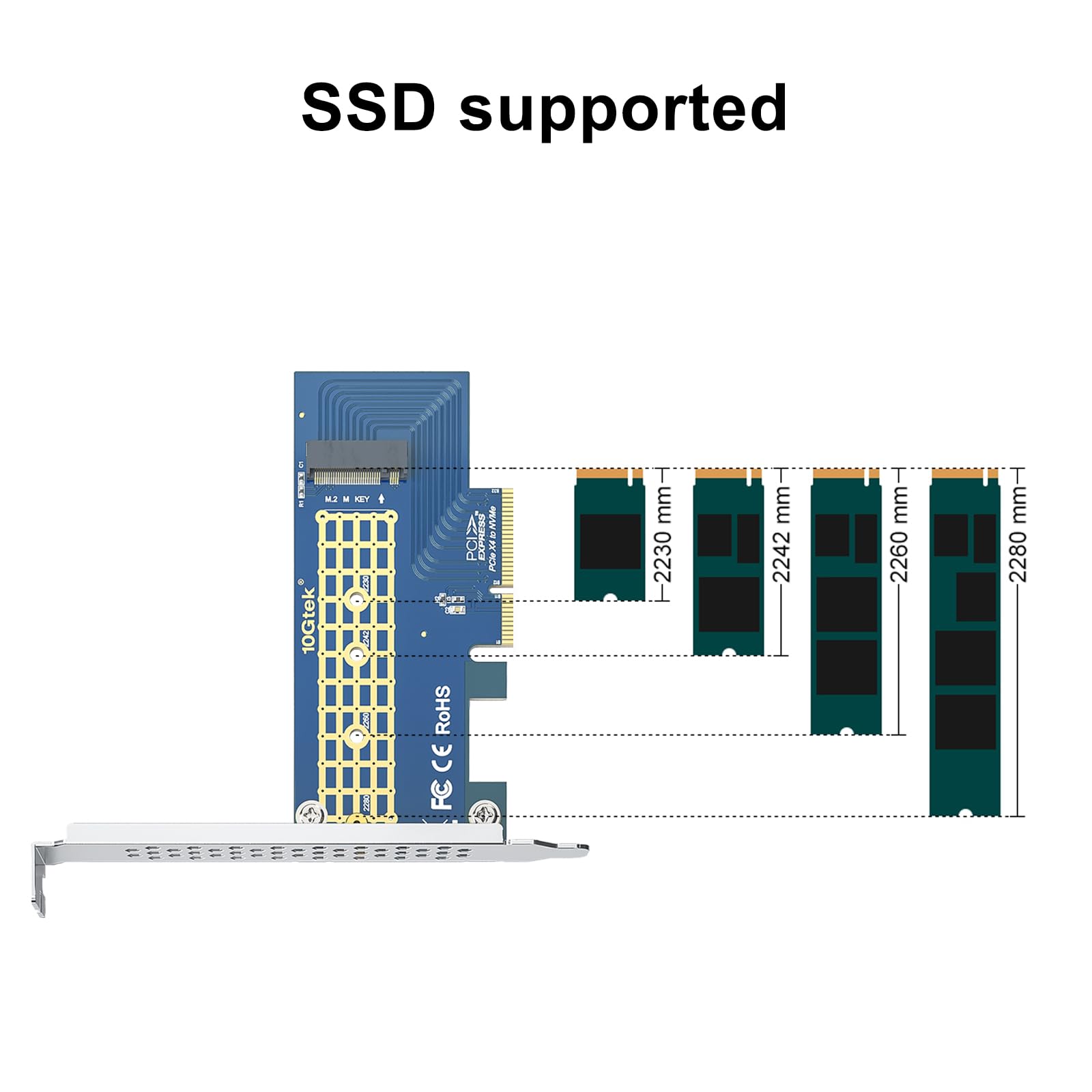10Gtek M.2 Nvme Pcie 3.0 X4/X8/X16 Adapter Card, M Key Ssd Support, For Desktop & Server