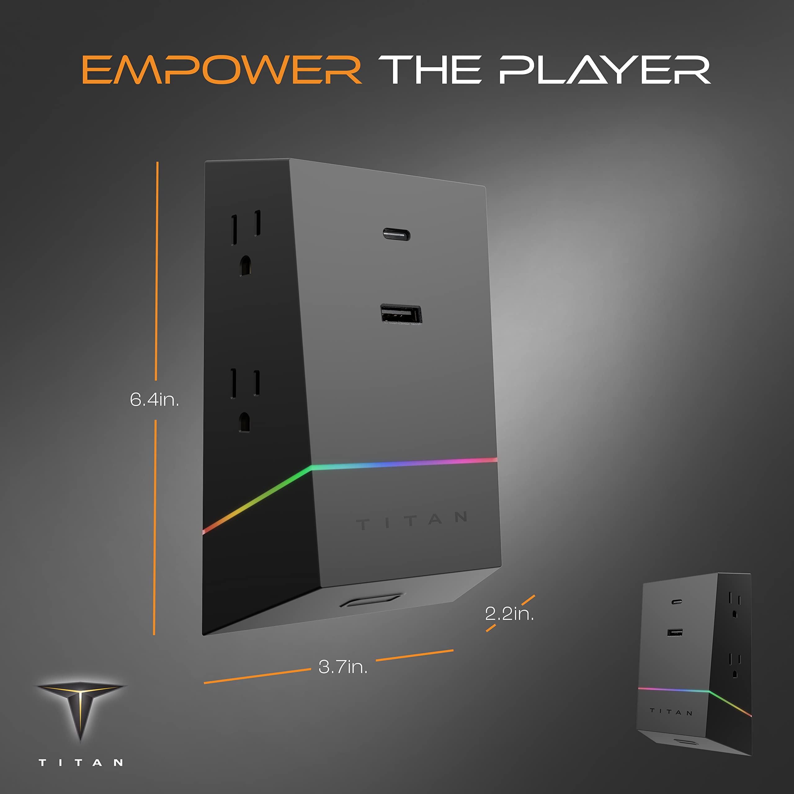 Titan 4 Outlet Surge Protector, Led Full Spectrum Color Select, Outlet Extender, Usb A/Usb C, Compatible With Power Gaming Pc, L