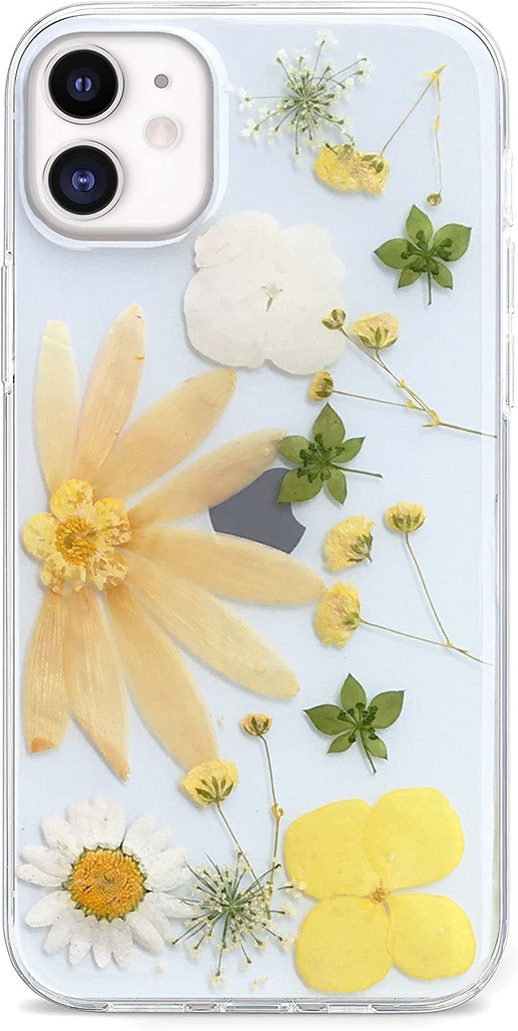 Abbery for iPhone 11 Case Flower Clear with Real Dried Pressed Flower Design Soft TPU Rubber Yellow Floral Trendy Aesthetic Prot