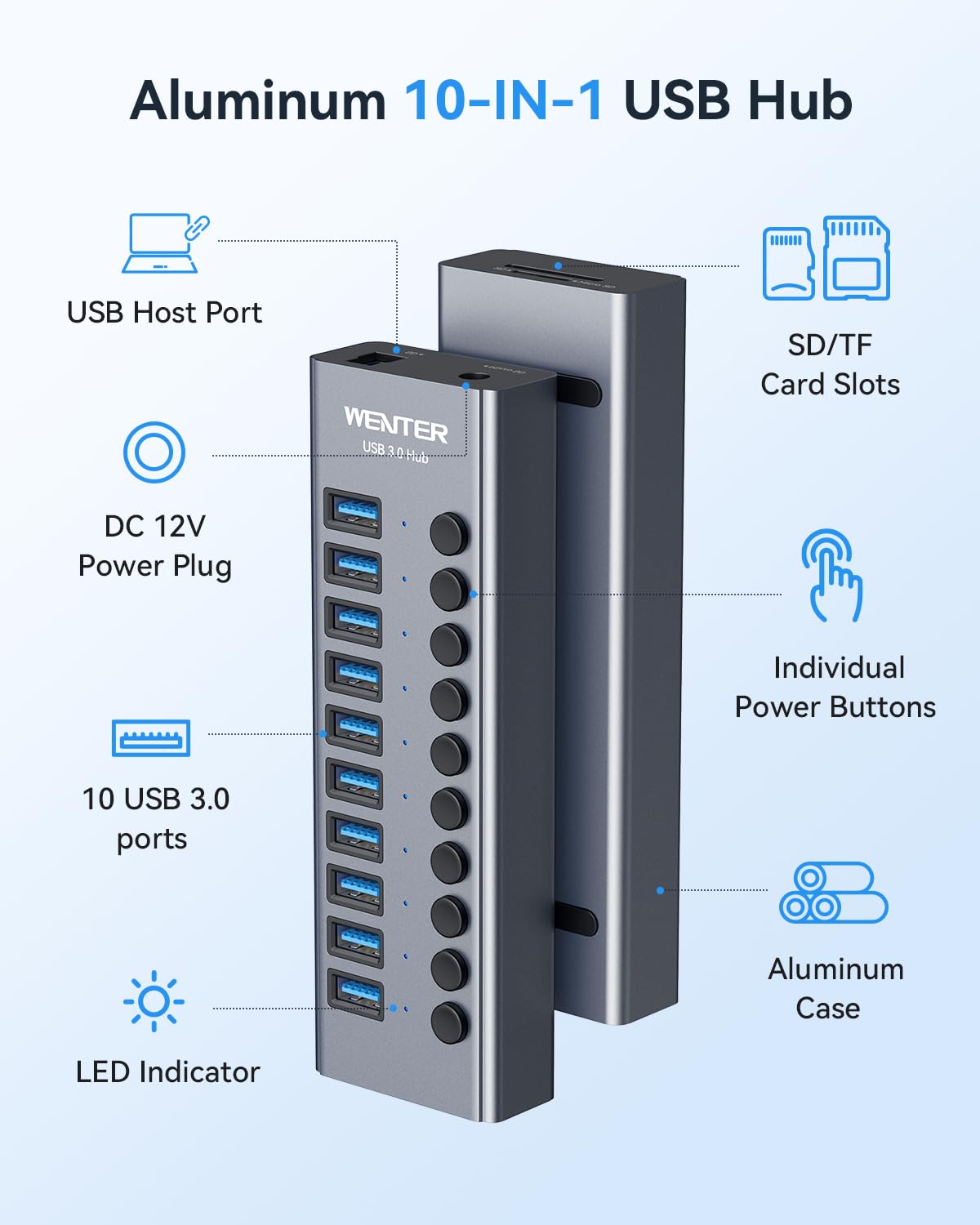 Powered Usb 3.0 Hub, Wenter 10 Ports 36W Powered Usb Hub, Aluminum Usb Splitter With Individual On/Off Switches, Sd/Tf Card Readers And 12V/3A Power Adapter For Pc/Laptops/Macbook Pro/Air/Imac/Ipad