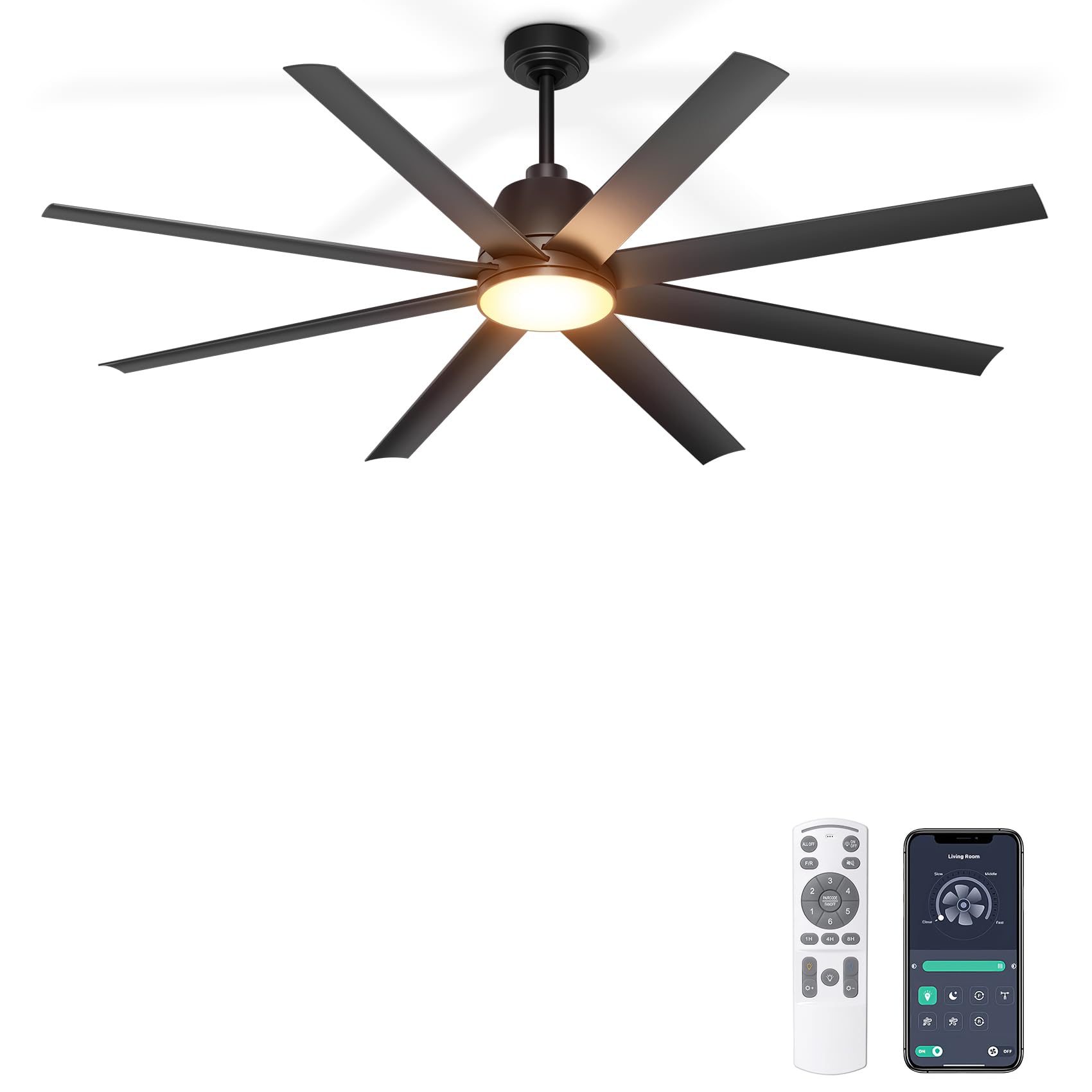 Phylluz Ceiling Fan with Lights, 65 Outdoor Ceiling Fan with Remote & APP Control, Dimmable, Black Modern Ceiling Fans for Pat
