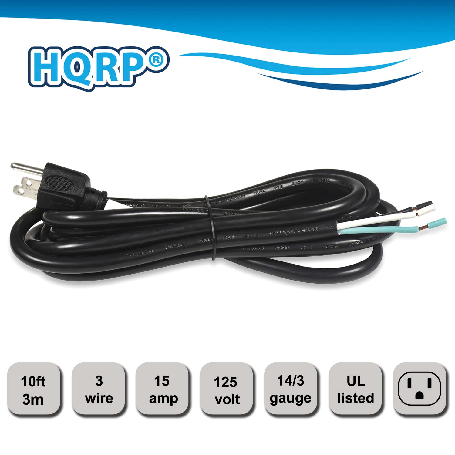 Hqrp 10Ft 14 Gauge 3 Prong 14/3C Heavy Duty Replacement Power Supply Cord Cable 110V 115V 120V Pigtail For Universal Ac Applianc