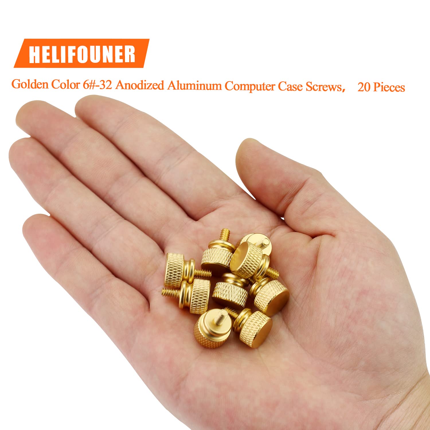 Helifouner 20 Pieces 6 32 Thread, Gold Color Anodized Aluminum Computer Case Thumbscrews, Thumb Screws For Computer Case/Cover/P