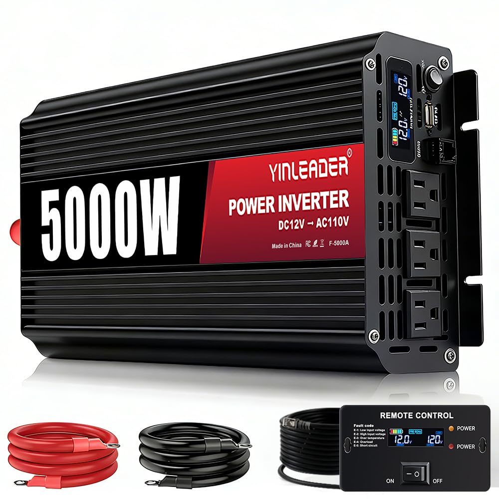 5000 Watt Power Inverter 12v to 110V/120V Converter Peak Power 10000W with 3 AC Outlets,1 USB Port, Remote Controller & LCD Scre