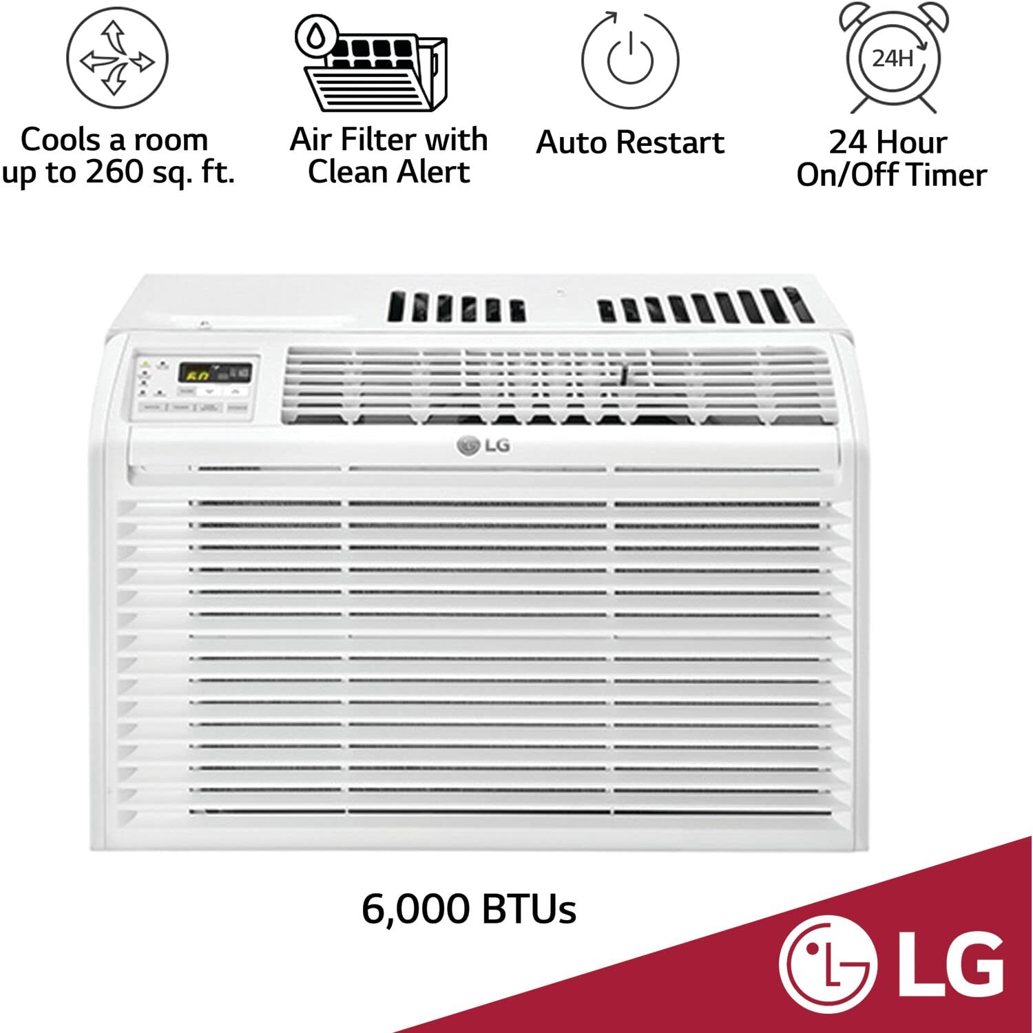 Lg 6,000 Btu Window Air Conditioner, 115V, Cools 250 Sq.Ft. For Bedroom, Den, Living Room, Quiet Operation, With Remote, 2 Cooli