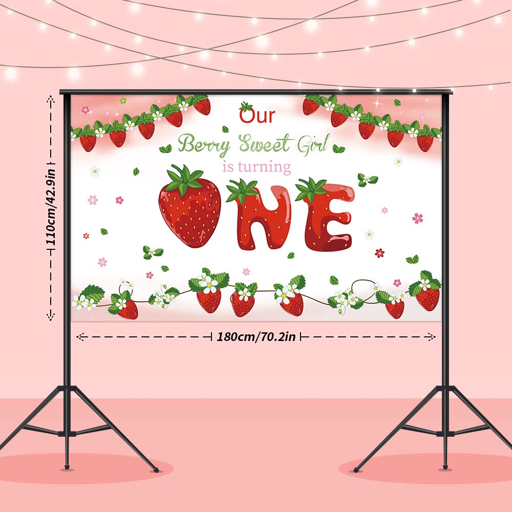 Strawberry 1St Birthday Backdrop For Girls, Our Berry Sweet Is Turning Baby Girls First Birthday Background, 42.9 X 70.2 Inches