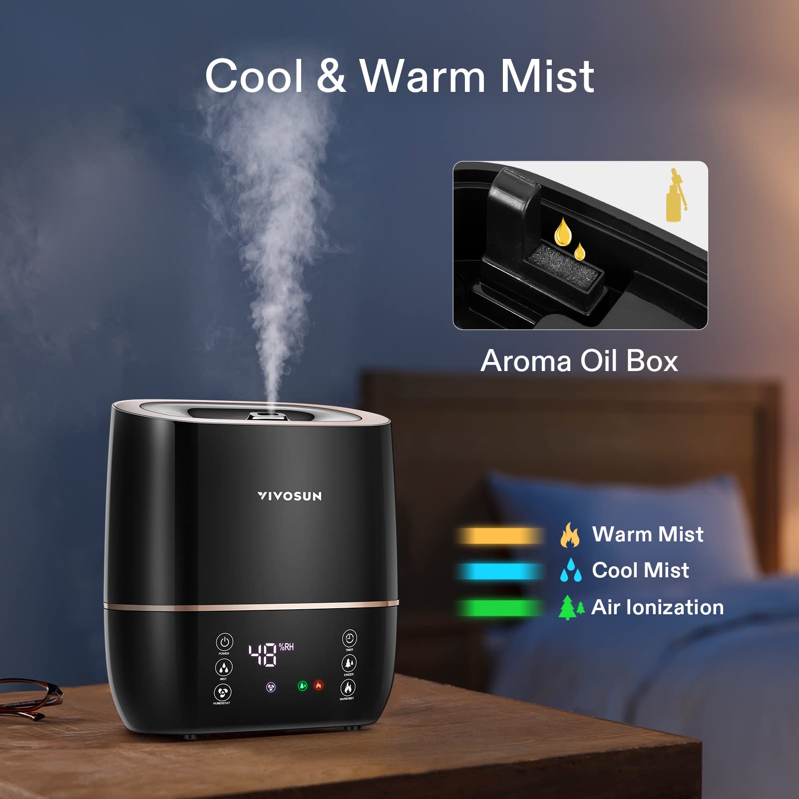 Vivosun 2 In 1 Warm And Cool Mist Humidifier, 5L Indoor Ultrasonic Air Humidifier With Essential Oil Tray For Bedrooms, Plants,