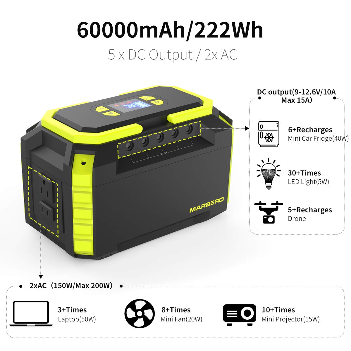 Marbero 222Wh Portable Power Station 200W Solar Generator 60000Mah Power Bank With Ac Outlet 110V 200W Dc Usb Led Flashlights Li
