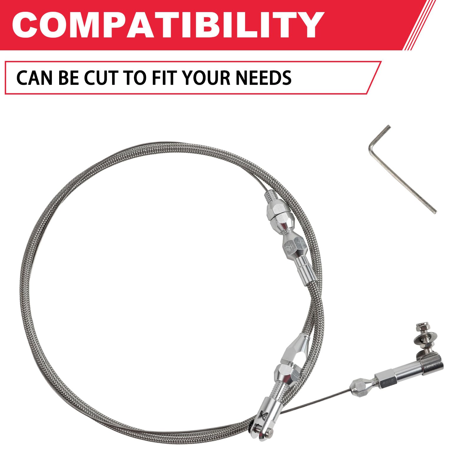 24'' Hi-Tech Universal Throttle Cable Kit Braided Stainless Steel With Aluminum Fittings Ferrules, Replacement Accelerator Cable