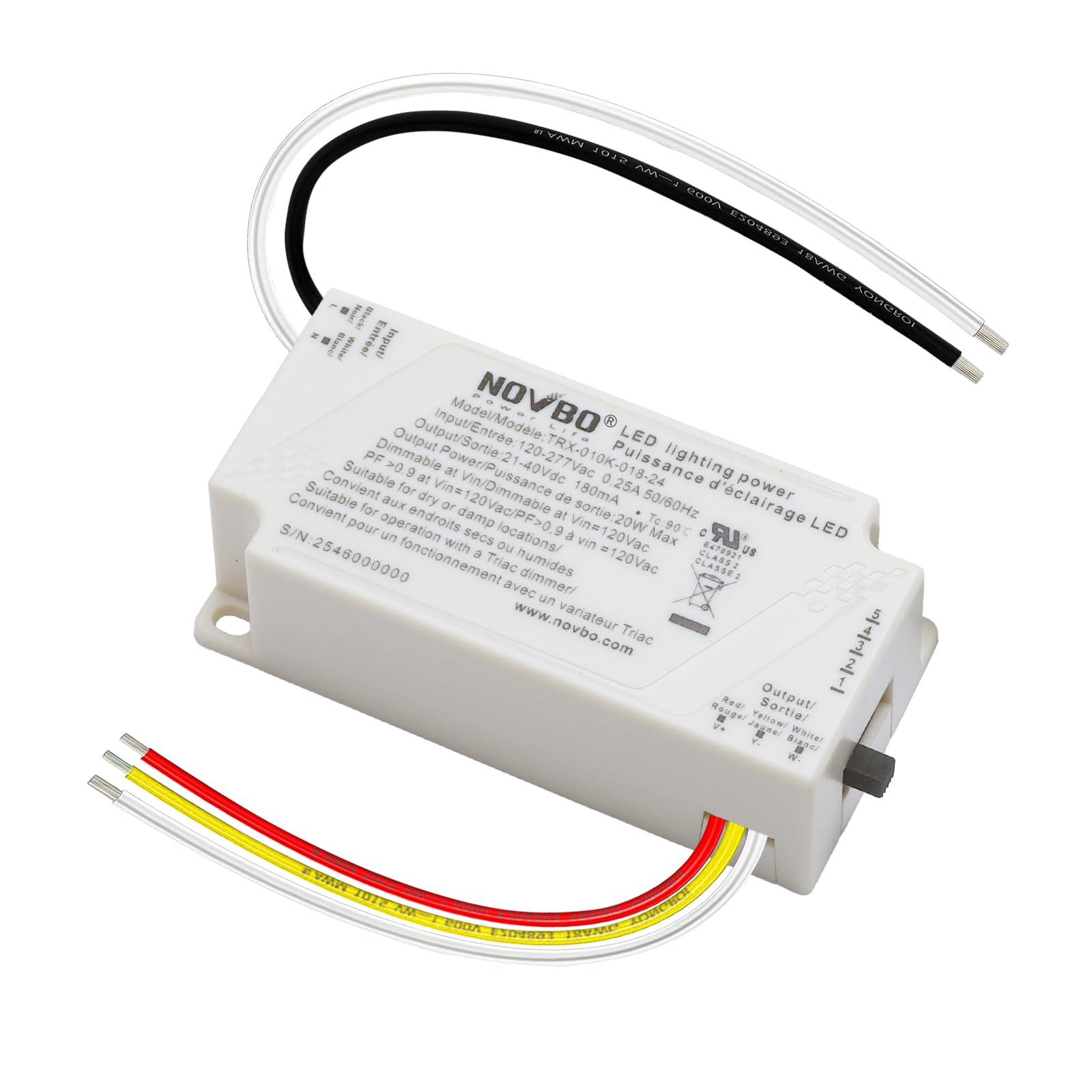 NOVBO TRIAC Dimmable LED Driver 10W 180mA Low Voltage Transformer AC 120-277V to DC 21-40V Class 2 Power Supply Pre-Set 5CCT & F