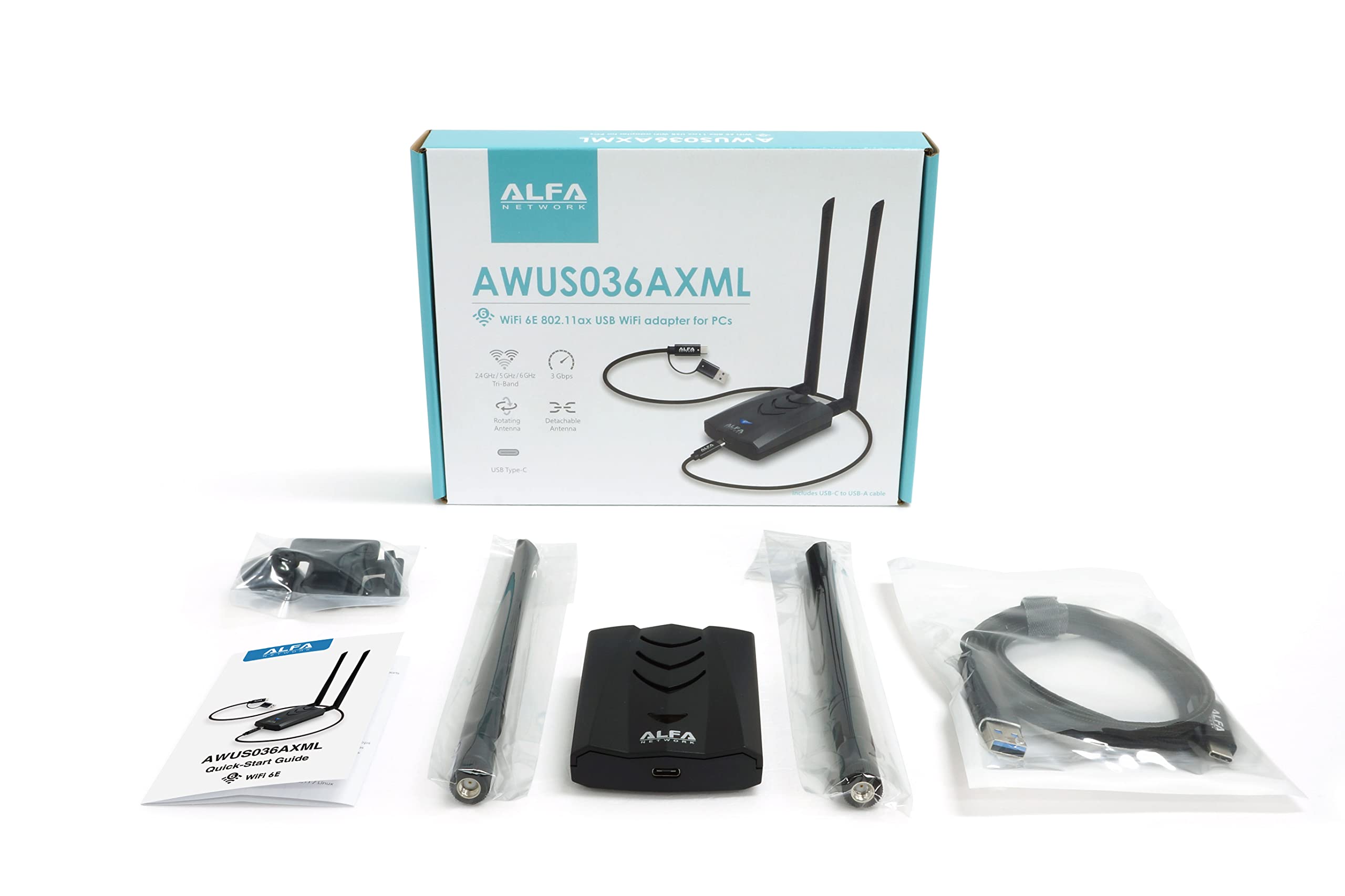 Alfa Awus036Axml 802.11Axe Wifi 6E Usb 3.0 Adapter Axe3000, Tri Band 6 Ghz, Gigabit Speed Up To 3Gbps, Taa Compliant