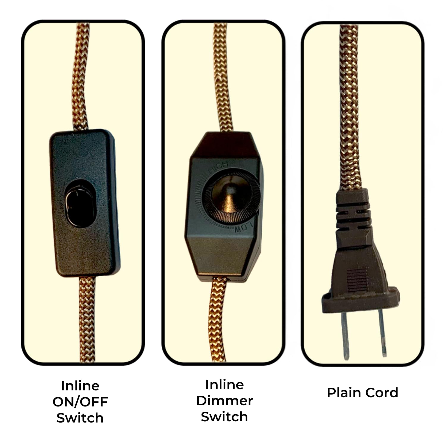 Royal Designs, Inc Co 5001D Br/Gl 8 2 Royal Designs Lamp Cord Molded Plug With Rotary Dimmer Switch, Stripped Ends Ready For Wir