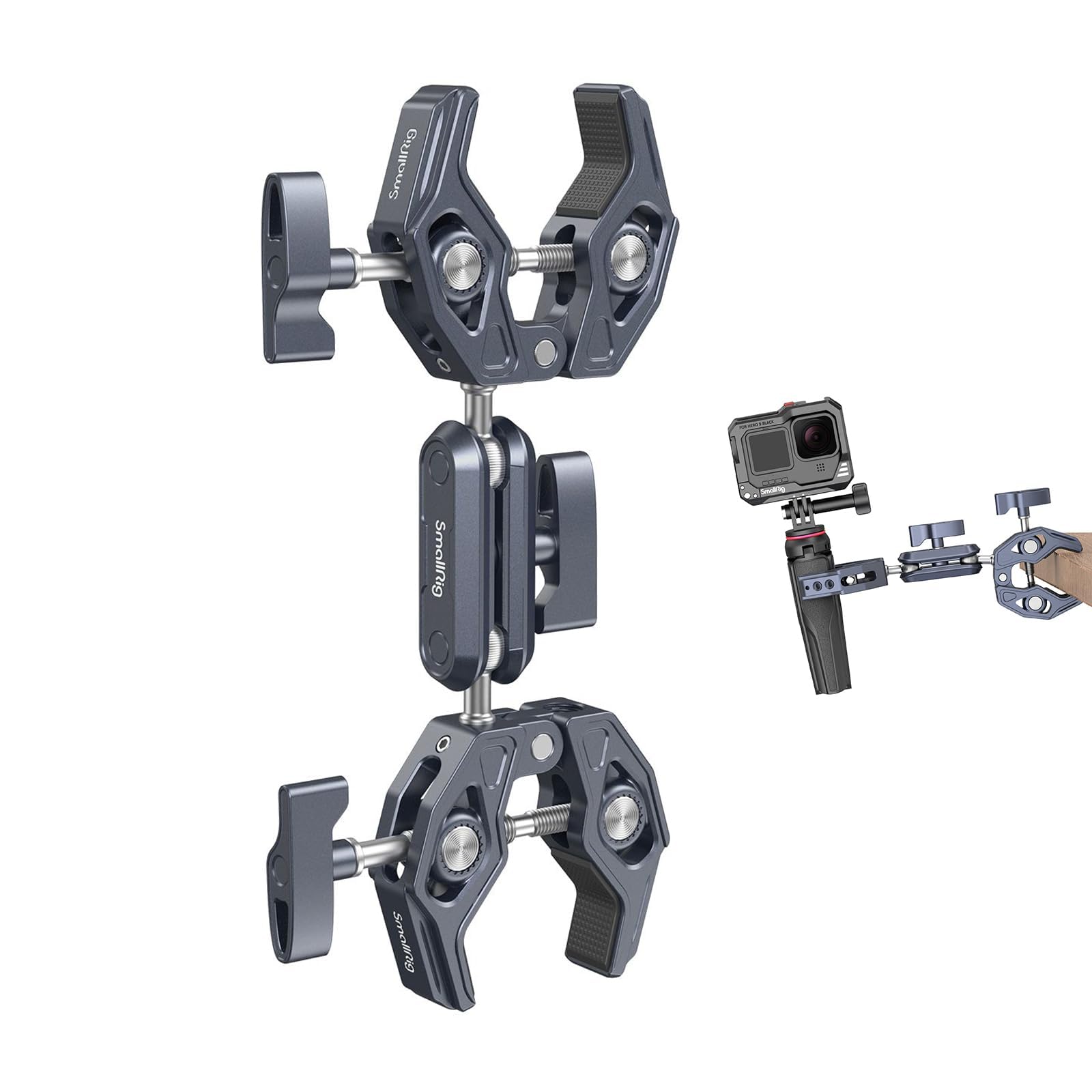 SMALLRIG Double Clamp Mount, Umbrella Clamp, Super Clamp Arm, for Chair, Pole, Tripod, C Stand, Handlebar, All Metal Max Load Ca