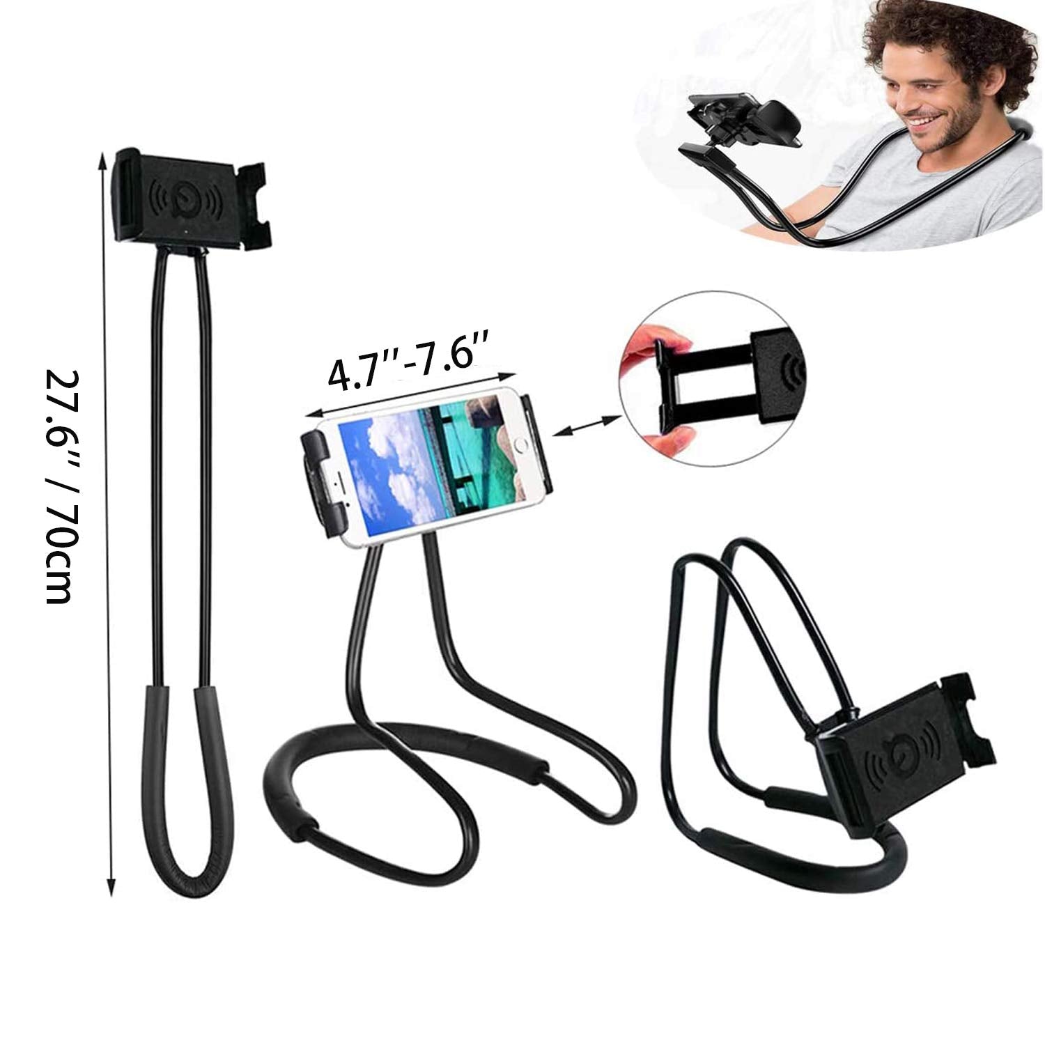 Geyitafum Cell Phone Stand Hanging On Neck Upgraded, Hands Free Mobile Phone Holder Clip On Bed/Table 360 Rotation Iphone Tablet
