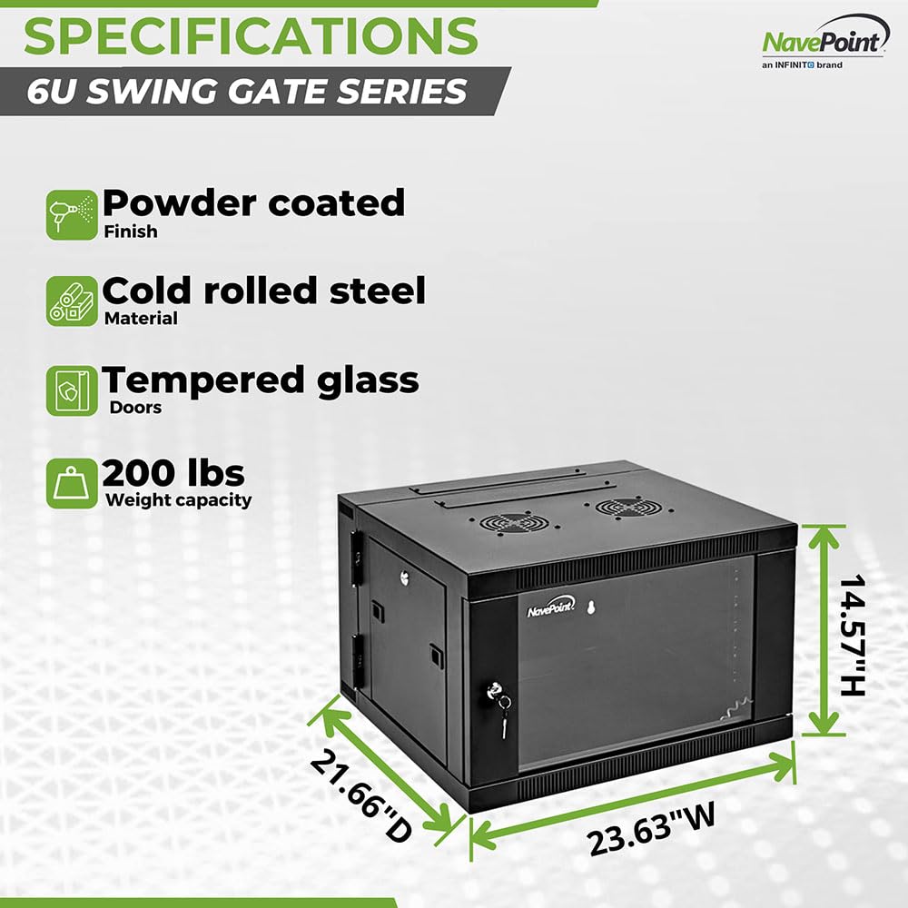 Navepoint 6U Server Cabinet With Hinged Back   21.6    Deep, 6U Server Rack Enclosure With Locking Glass Door, Wall Mount Rack W